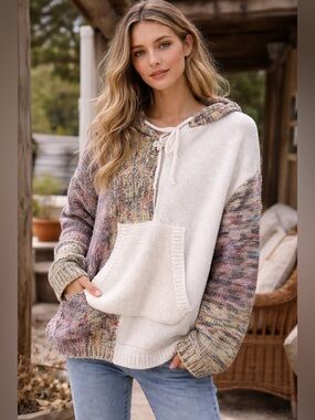 POL Colorblock Knit Hoodie | Boho Patchwork | Oversized Small